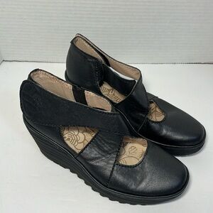 Fly London Yogo Women's Black leather Mary Jane  platform wedge Shoes size 6.5-7